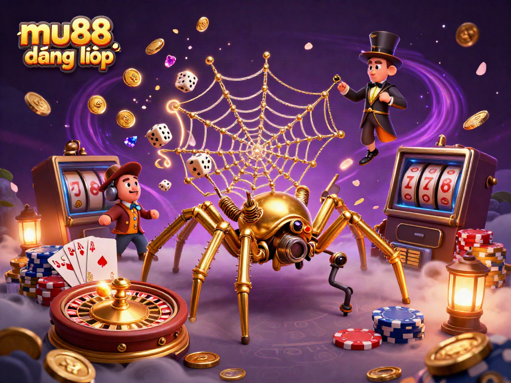 Experience fortune at mu88 đăng nhập as the steampunk spider captures misfortunate dice in a dazzling casino scene.