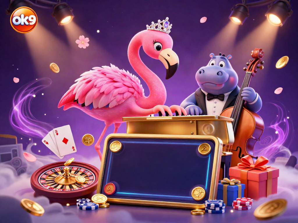 Experience the vibrant world of ok9 with a flamboyant lounge scene, showcasing fun casino games and musical characters.