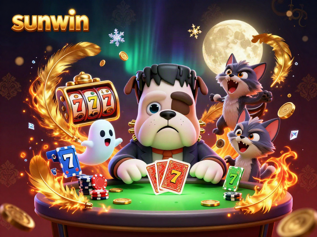 Engage in thrilling gameplay with sunwin, featuring a Frankenstein bulldog dealer and vibrant casino elements.