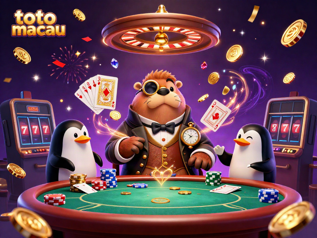 Pengalaman bermain toto macau yang seru dengan walrus ceria, dealer penguin, dan ikan puffer pemain di meja poker bawah laut.