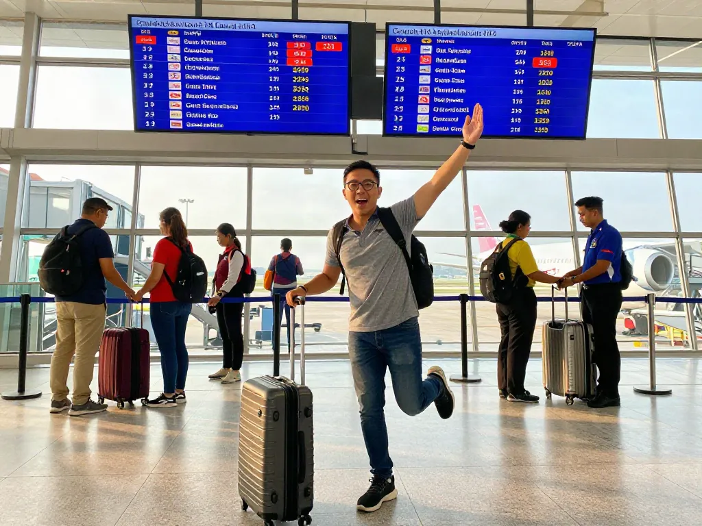 Traveler boarding Garuda 404 flight at an airport, showcasing excitement and adventure.