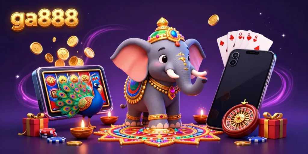 Engage with the vibrant GA888 online casino scene featuring colorful slot reels and animated elephants.