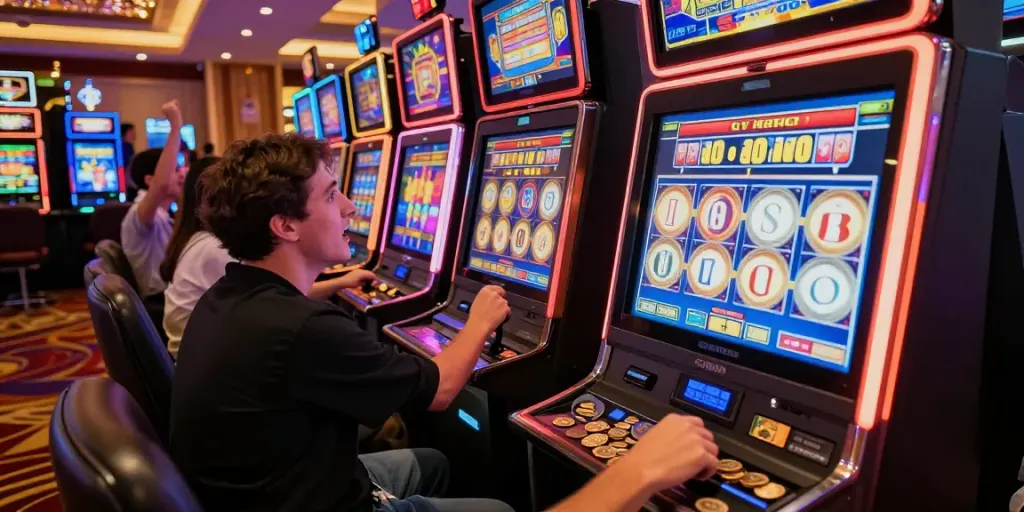 Exciting casino scene featuring slot gacor hari ini with players celebrating at slot machines.