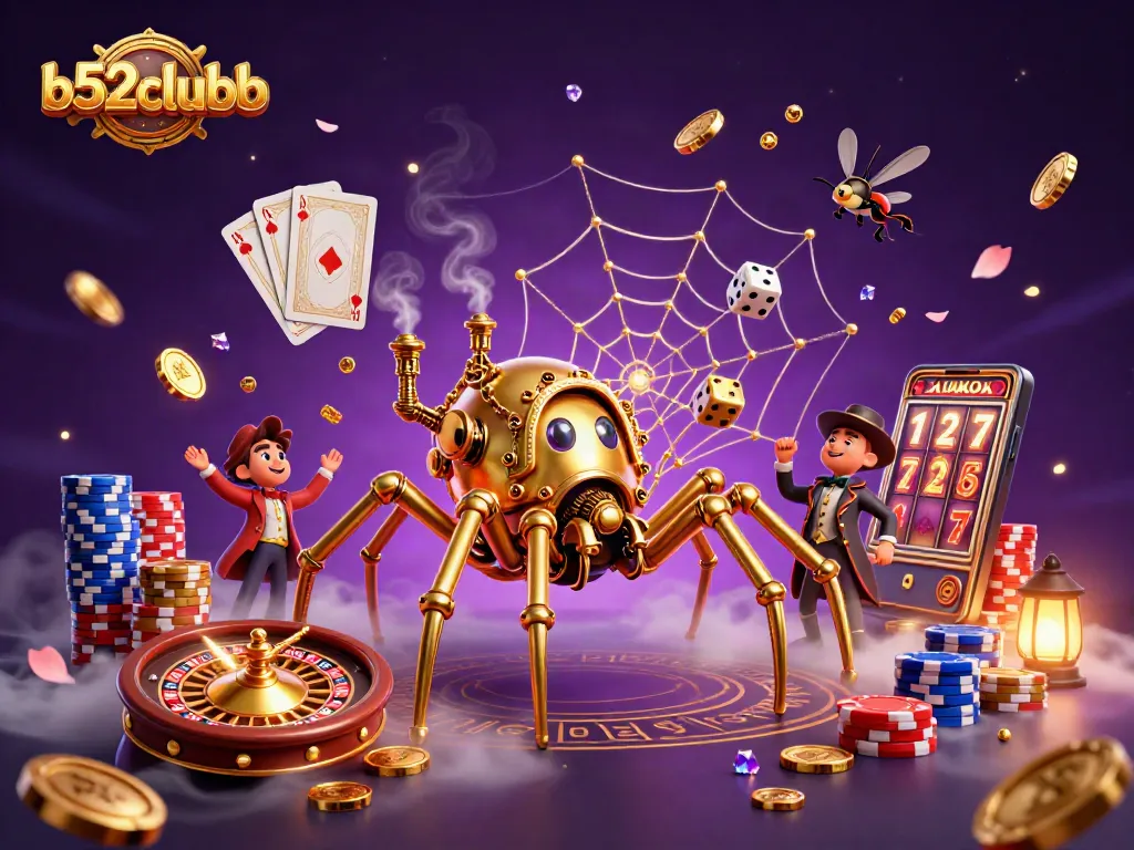 B52clubb engages players with a dynamic scene featuring a steampunk spider and a vibrant casino universe in 3D