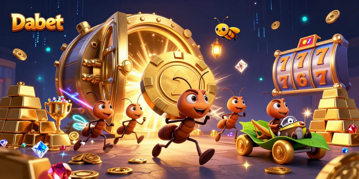 Dabet offers a vibrant heist scene with cartoon ants stealing a giant poker chip amidst slot machines and treasures.