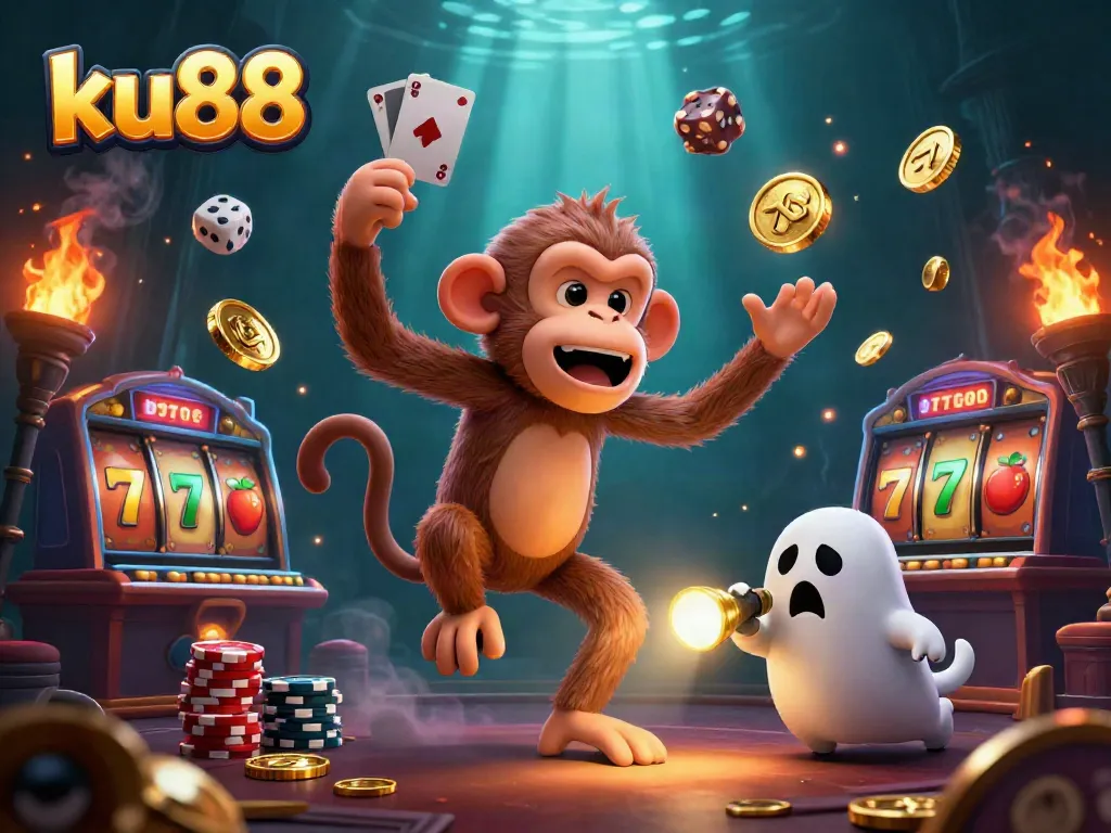 Track the playful ku88 monkey as it juggles casino treasures in a vibrant illustration.
