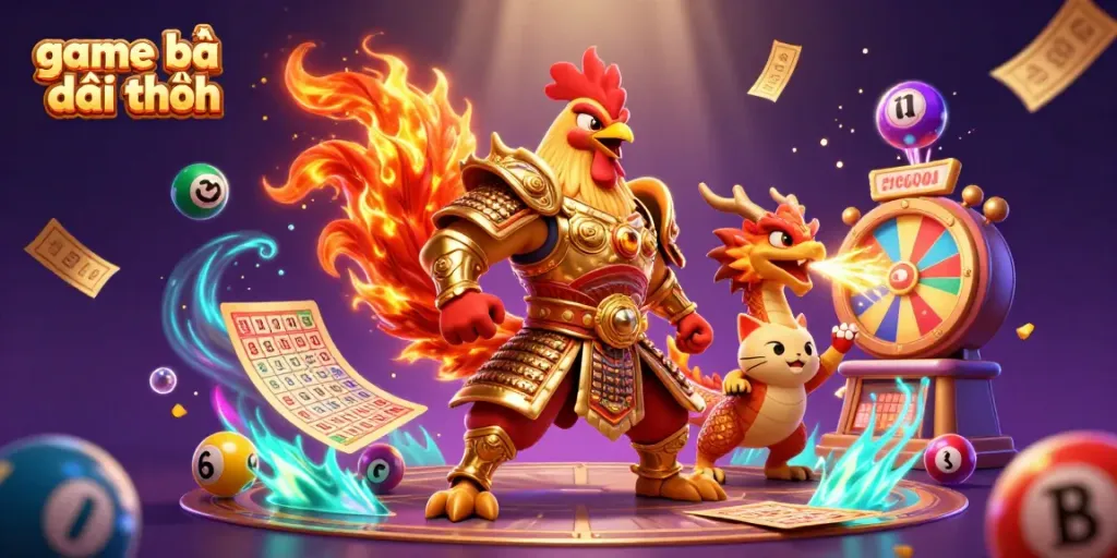 Experience the excitement of game bài đổi thưởng with dynamic lottery elements spinning around cheerful characters.