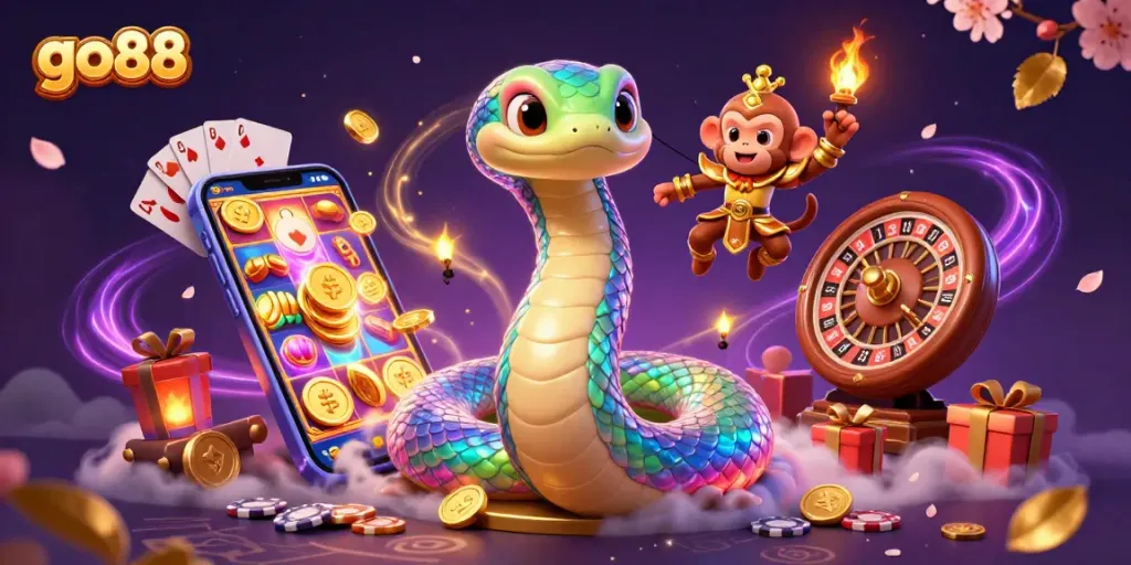 Experience the vibrant go88 gaming world with a rainbow serpent and monkey king in 3D!