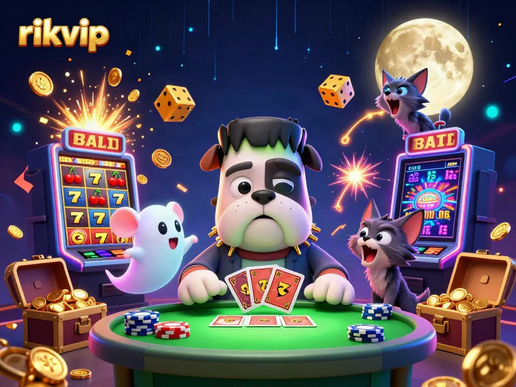 Experience the thrill of rikvip gaming with dynamic casino characters amidst a vibrant 3D scene.