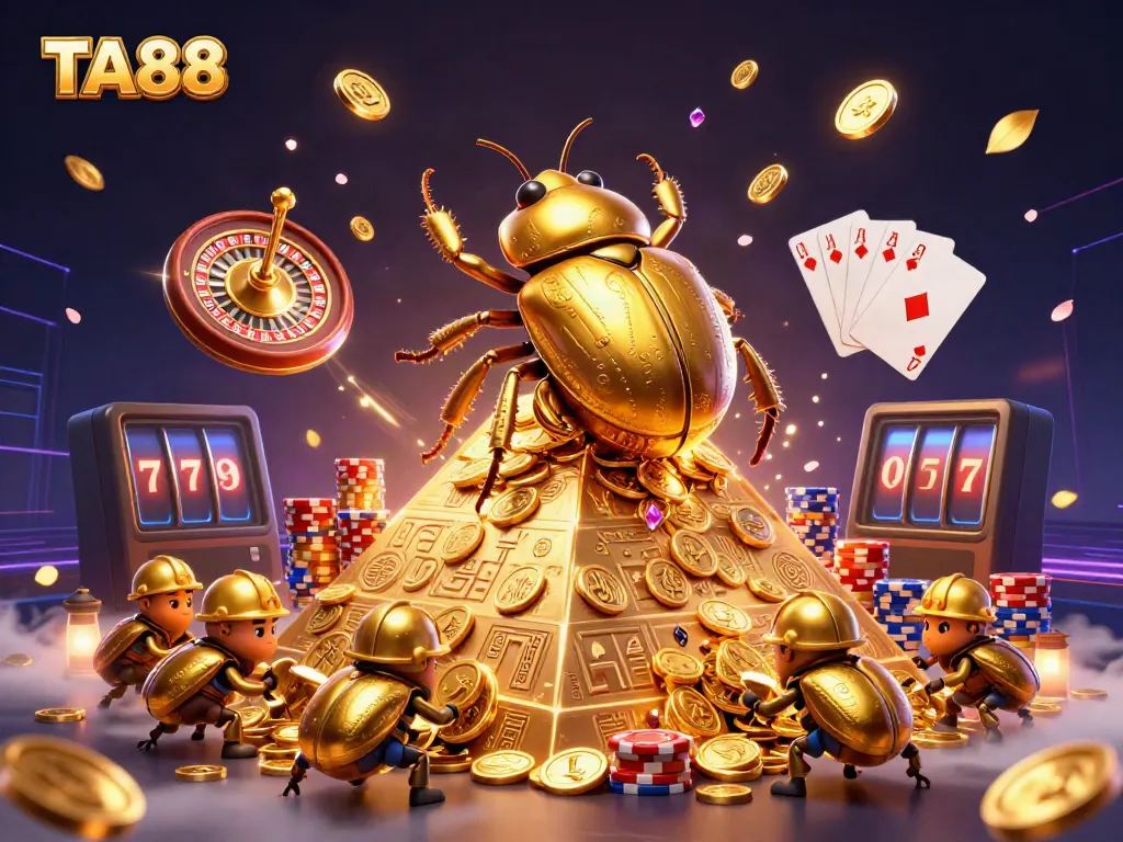 Experience the excitement of TA88 with golden coins cascading around vibrant casino elements.