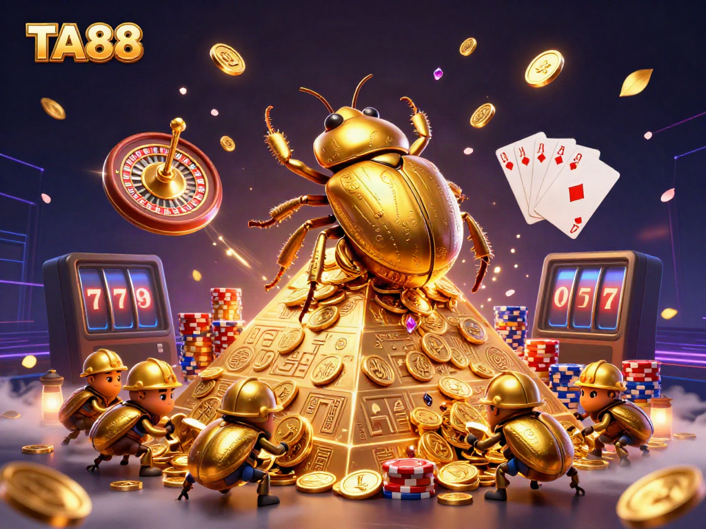 Experience the excitement of TA88 with golden coins cascading around vibrant casino elements.