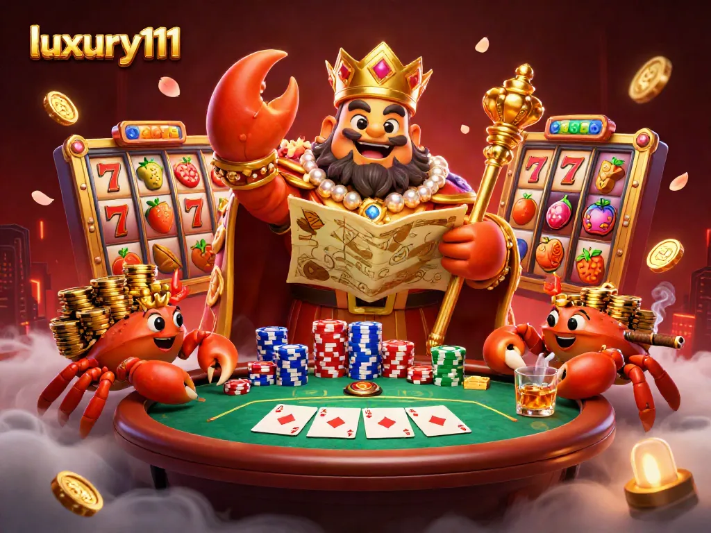 Experience luxury111 gaming with a golden crab emperor, vibrant slot reels, and rich poker elements.