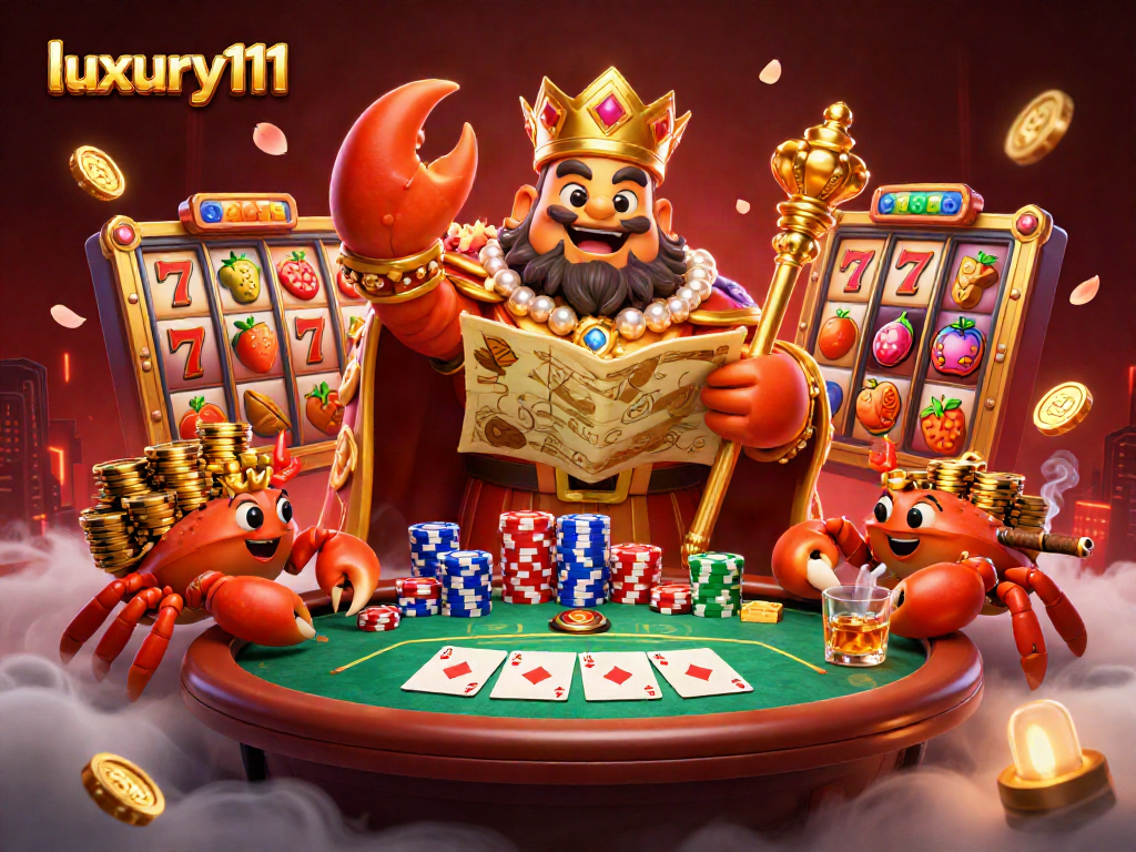 Experience luxury111 gaming with a golden crab emperor, vibrant slot reels, and rich poker elements.