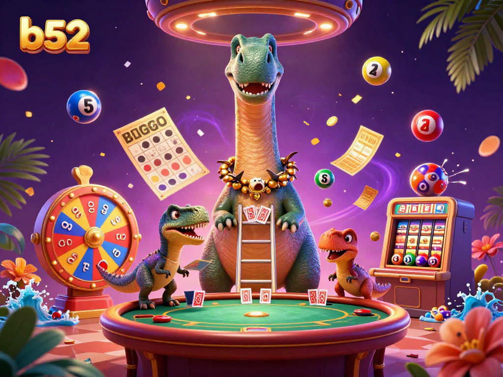 Engage with the lively scene of b52 as a brontosaurus towers over a poker table, adding fun to the casino experience.