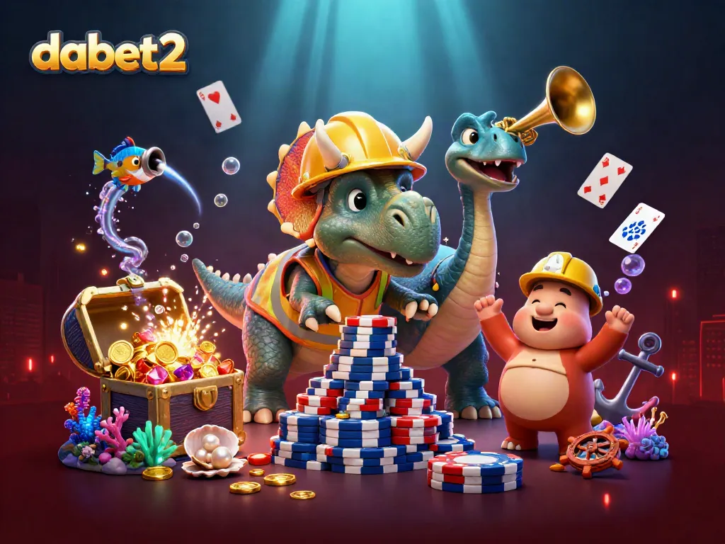 dabet2 players enjoy vibrant casino ambiance amidst cheering dinosaurs and treasure bursting from chests