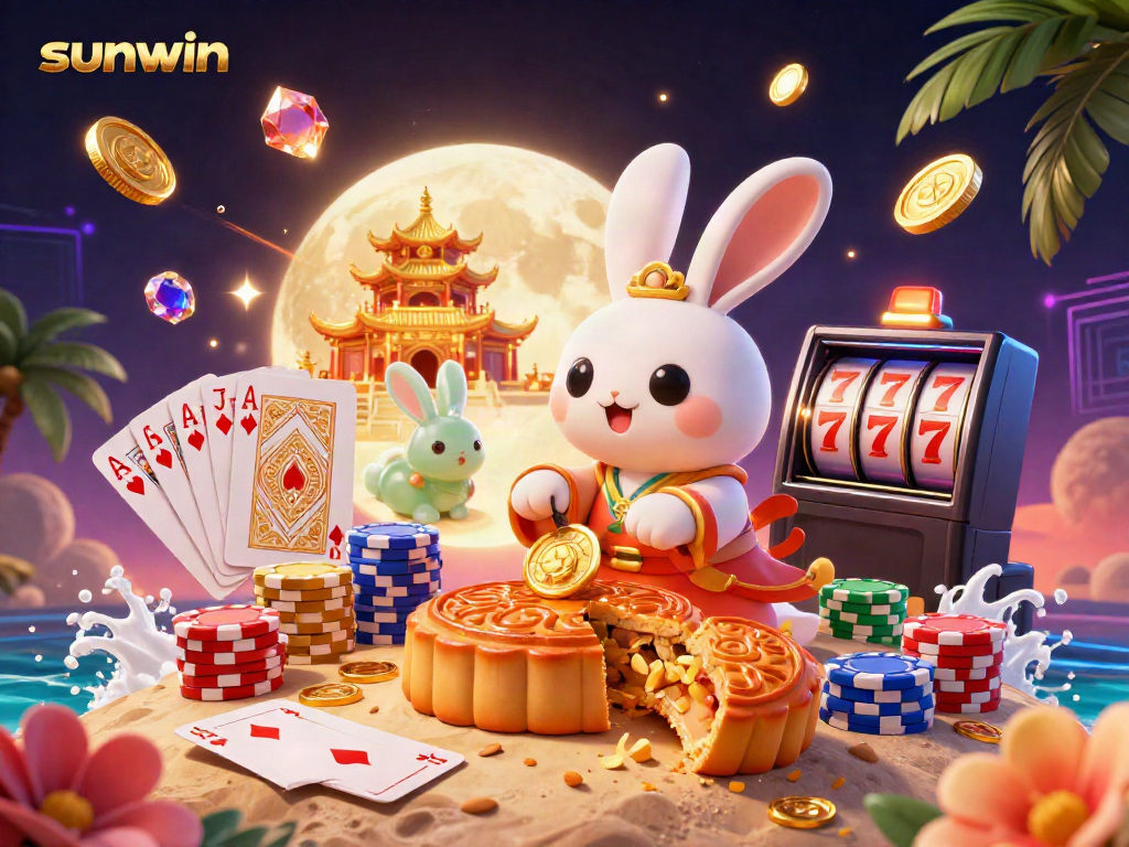 Experience the thrill of sunwin with a moon rabbit character surrounded by dynamic gambling elements.