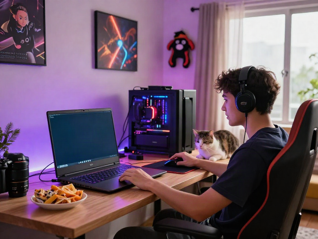 Gamer enjoying slot88 games in a colorful, cozy gaming setup