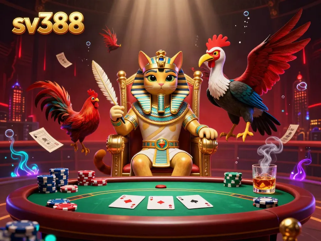 Engage in live cockfighting excitement with sv388, as a pharaoh cat presides over the vibrant arena.