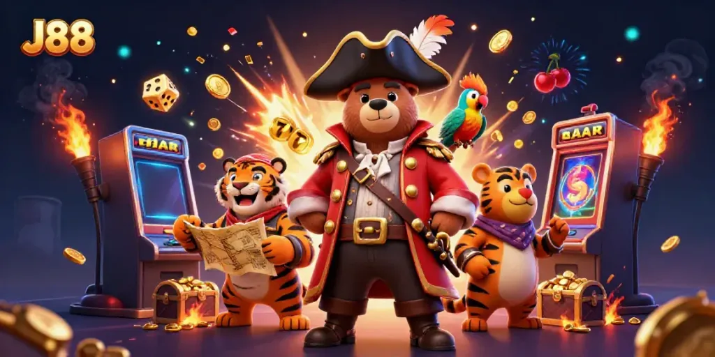 J88 pirate casino scene with a bear captain, tiger first mate, and slot machine bursting with coins.