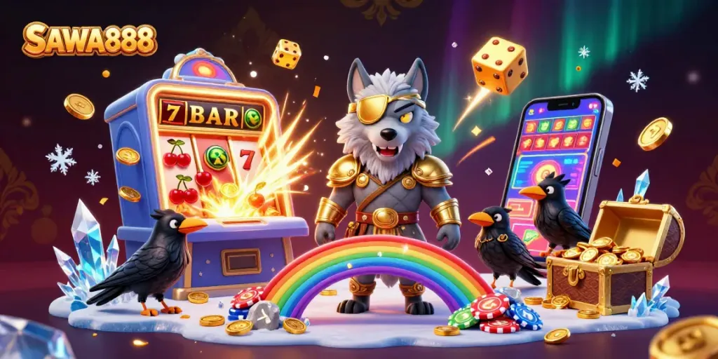 Experience thrilling gameplay at SAWA888 with a dazzling Norse-inspired casino scene full of excitement.