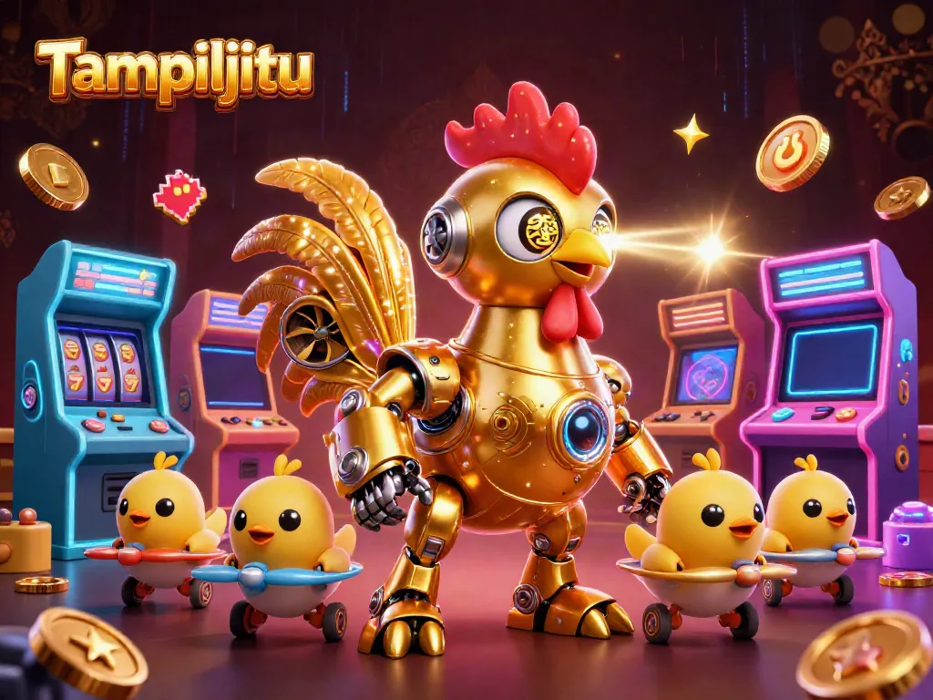 Tampiljitu features a golden rooster robot shooting lasers amidst casino-themed game elements in a vibrant scene.