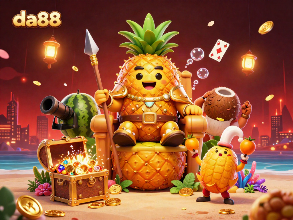 Engage in a vibrant da88 casino experience with a golden pineapple king presiding over treasures and game elements.