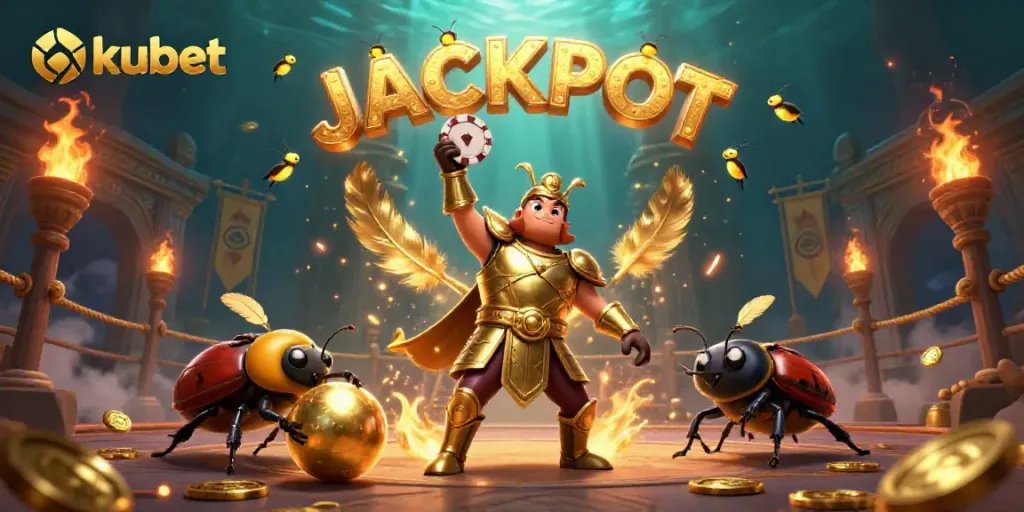 Experience kubet excitement with a golden armored beetle showcasing a poker chip victory amid casino elements.