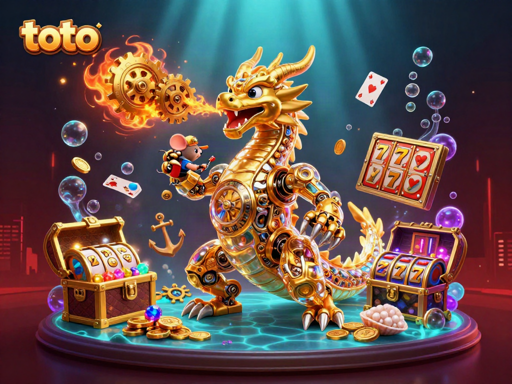Experience thrilling toto gaming with a golden dragon and engaging slot machines in a vibrant, underwater scene.
