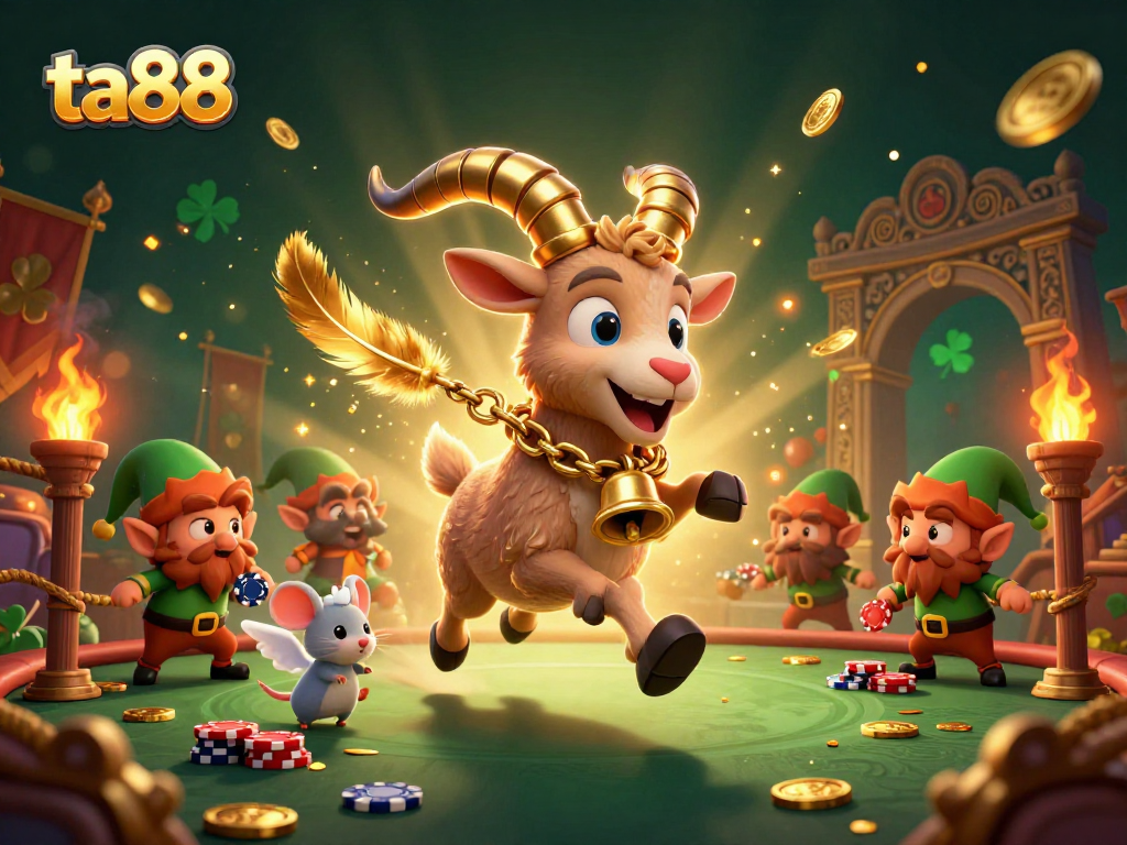 Engage with ta88's lively casino scene featuring a Krampus goat, angel mouse, and mischievous elf gremlins.