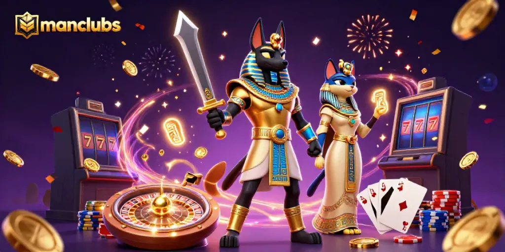 Win big with manclubs in a vibrant casino scene featuring Anubis and Bastet amidst dynamic gaming elements.