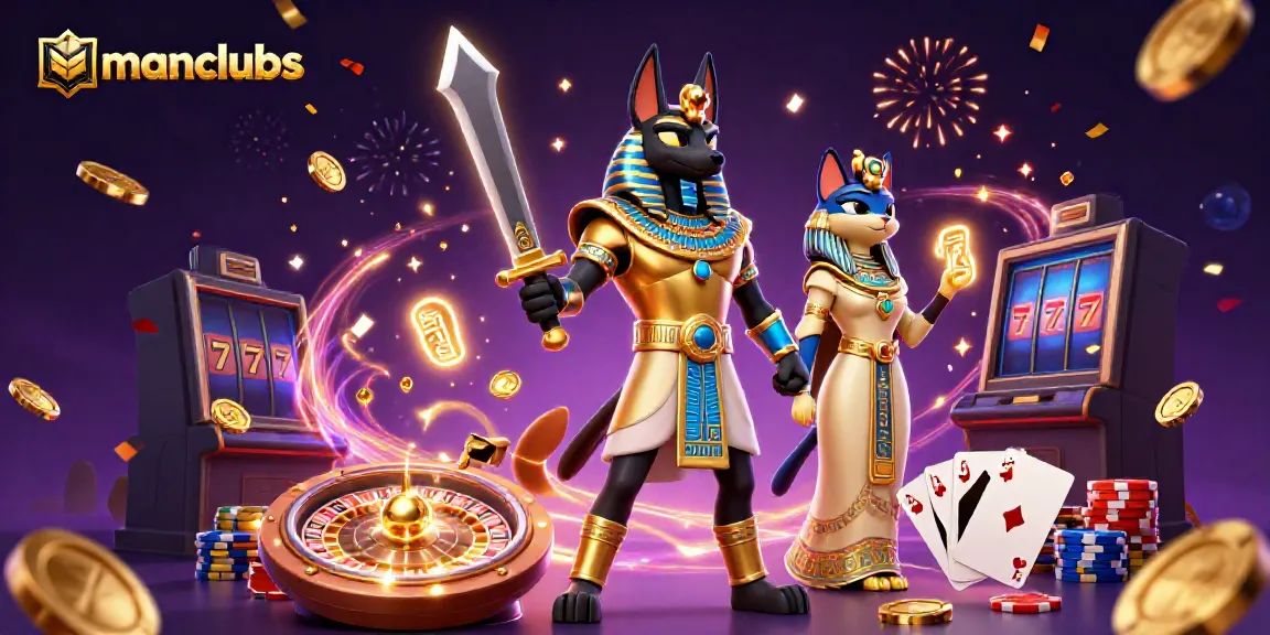 Win big with manclubs in a vibrant casino scene featuring Anubis and Bastet amidst dynamic gaming elements.
