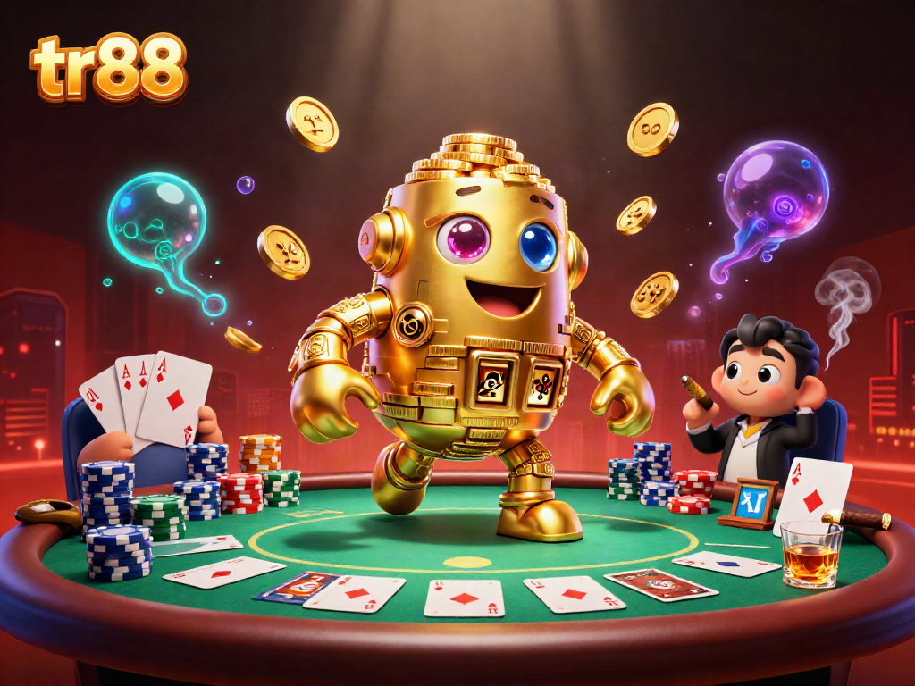Win big with TR88's immersive 3D casino experience featuring golden golem and poker elements