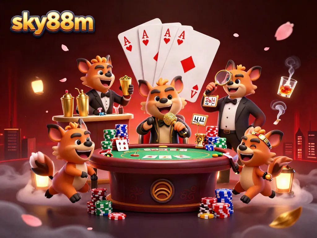 Sky88m hyenas perform in a vibrant comedy casino scene with engaging game elements.