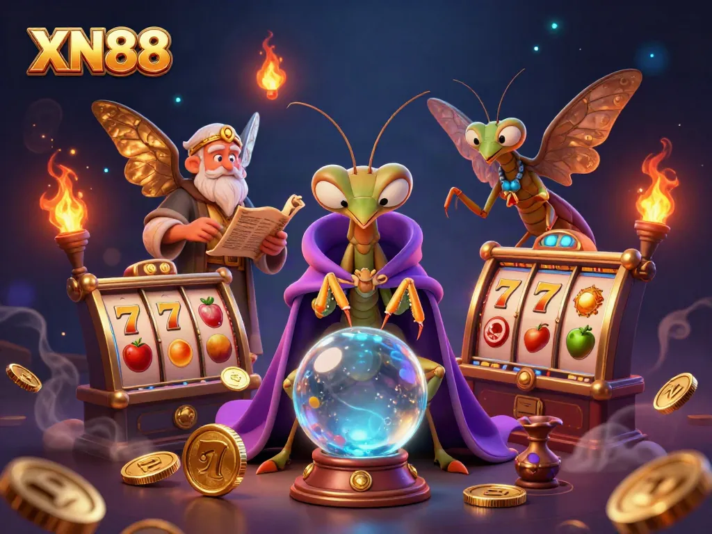 Experience the thrill of XN88 with a vibrant casino illustration showcasing slot elements and fortune tellers.