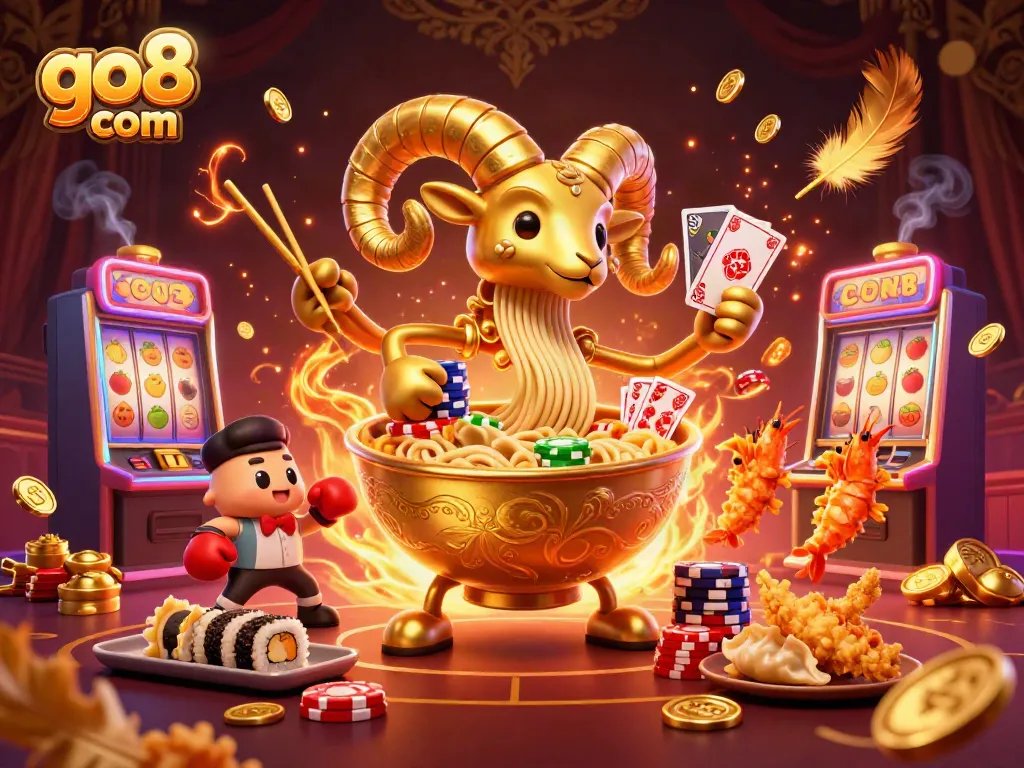 Experience thrilling gaming at go8 com with a vibrant scene featuring a giant ramen bowl dealing casino cards.