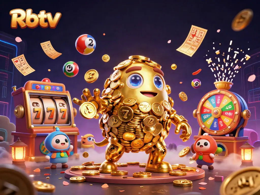 Rbtv mengadakan permainan kasino dengan simbol slot dan koin emas berputar yang menarik.
