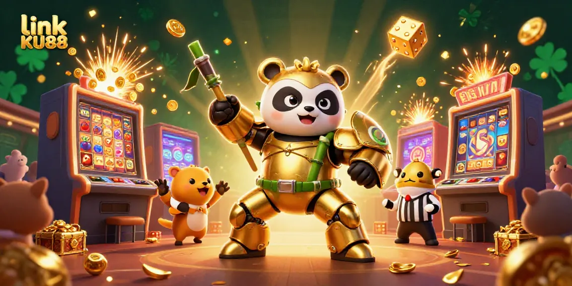Engage in thrilling gaming action with link KU88, featuring a dynamic illustration of a golden panda mech-suit and casino excitement.