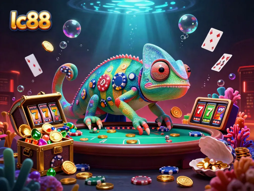 Engage with lc88's vibrant casino world featuring a colorful chameleon owner surrounded by treasure and games.