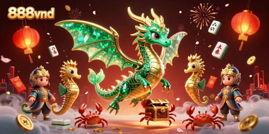 Engage with vibrant 888vnd gaming world featuring sea dragon, symbols, and festive elements