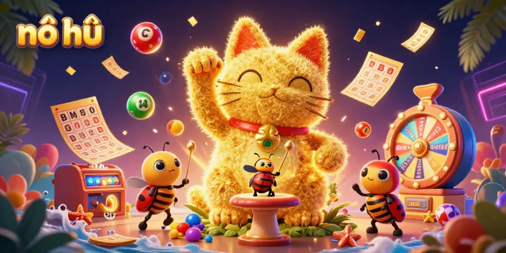 Engage in thrilling nổ hũ gameplay with vibrant visuals showcasing a lucky cat and dynamic casino symbols.
