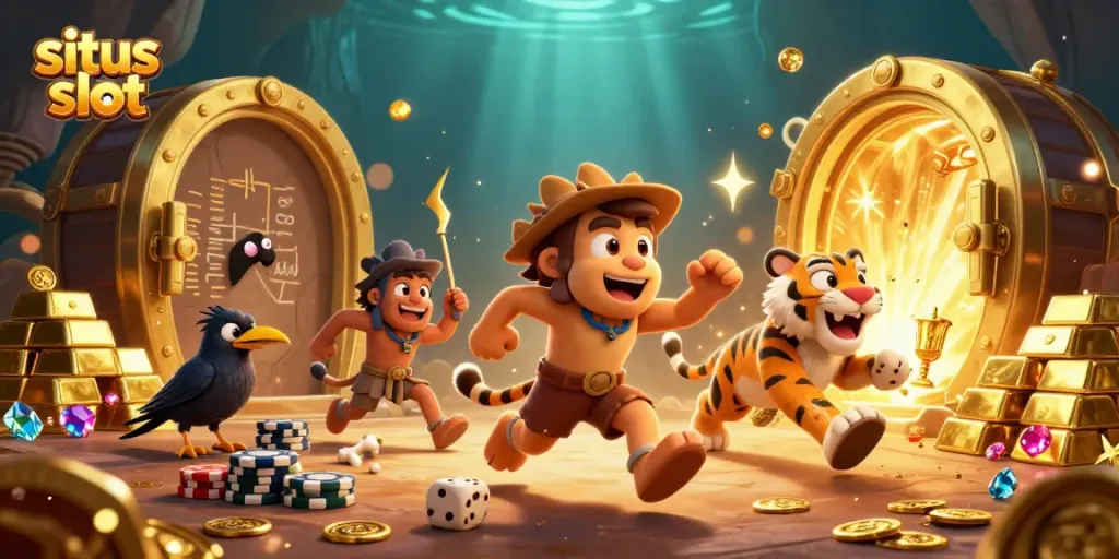 Engaging gameplay scene showcasing situs slot with a cartoon caveman, sabertooth tiger, and treasures in a prehistoric casino.