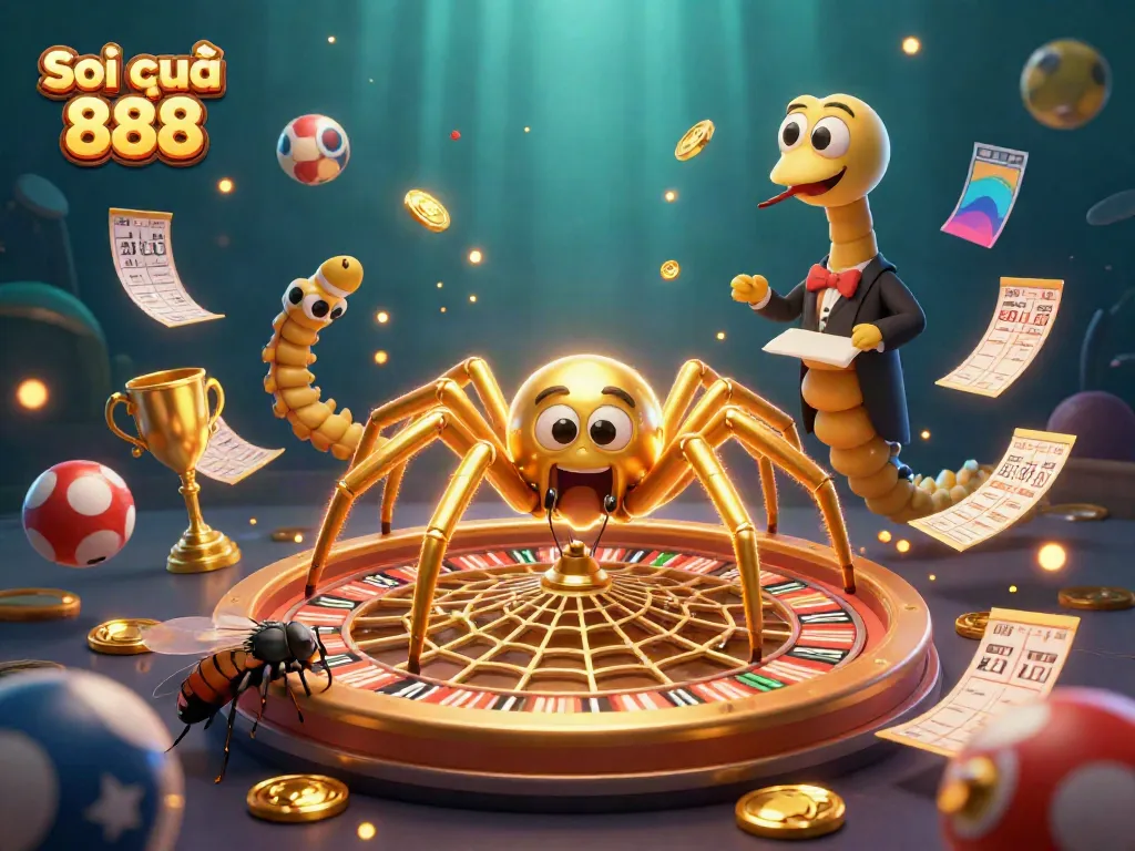 Experience Soi cầu 888 with a 3D golden spider weaving a roulette-inspired web, surrounded by dynamic lottery balls.