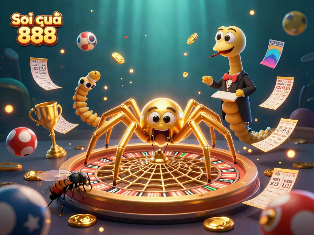 Experience Soi cầu 888 with a 3D golden spider weaving a roulette-inspired web, surrounded by dynamic lottery balls.