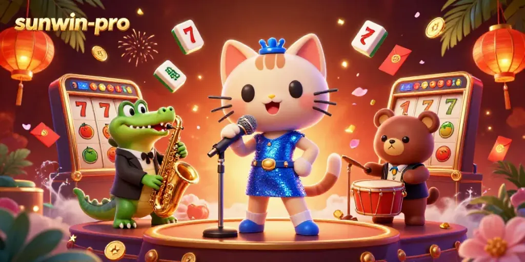 Engage in exciting gameplay with sunwin-pro, featuring animated characters and casino elements.