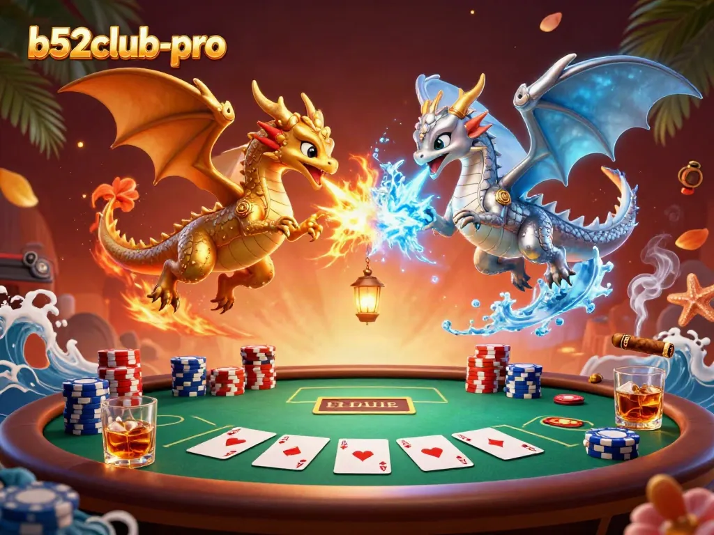 Engage in thrilling poker action with b52club-pro's vibrant casino illustration featuring fire and ice dragons.
