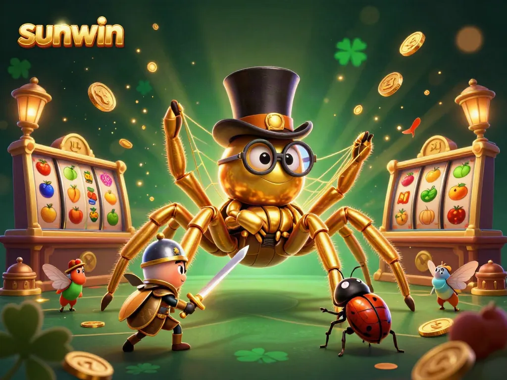 Win big with sunwin in this vibrant casino scene of a giant golden tarantula and a beetle knight!