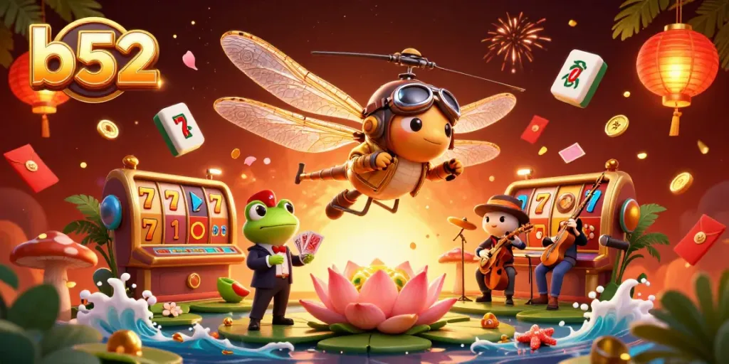 Experience the thrill of b52 as the dragonfly pilot hovers above a vibrant casino scene.