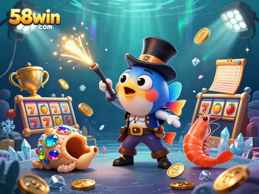 Experience the vibrant world of 58win com featuring a glowing anglerfish, pirate shrimp, and gemstone snail amidst dynamic gaming elements.
