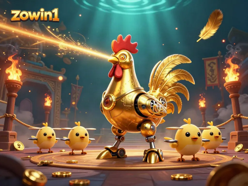 Zowin1 features a futuristic golden rooster robot and baby chick drones in a vibrant betting arena illustration.