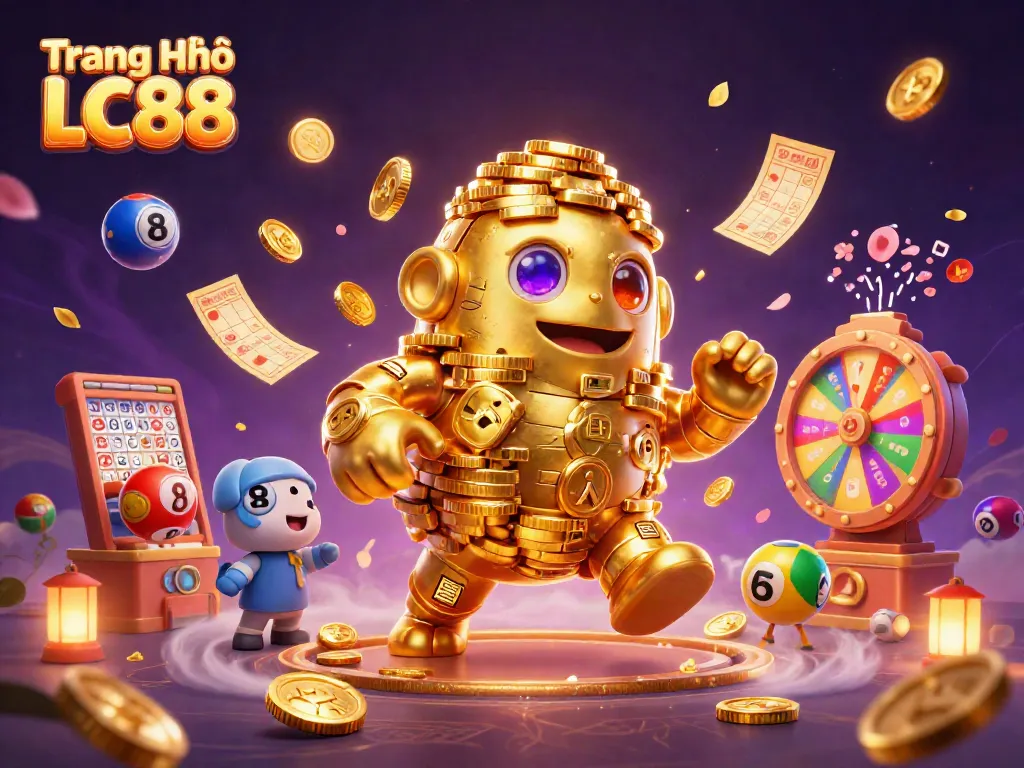 Experience vibrant gaming action at Trang Chủ LC88, featuring an ancient golden golem surrounded by dynamic lottery elements.